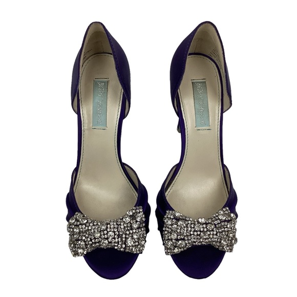 Betsey Johnson Gown Crystal Rhinestone Bow Stilettos Satin Purple - Picture 2 of 11